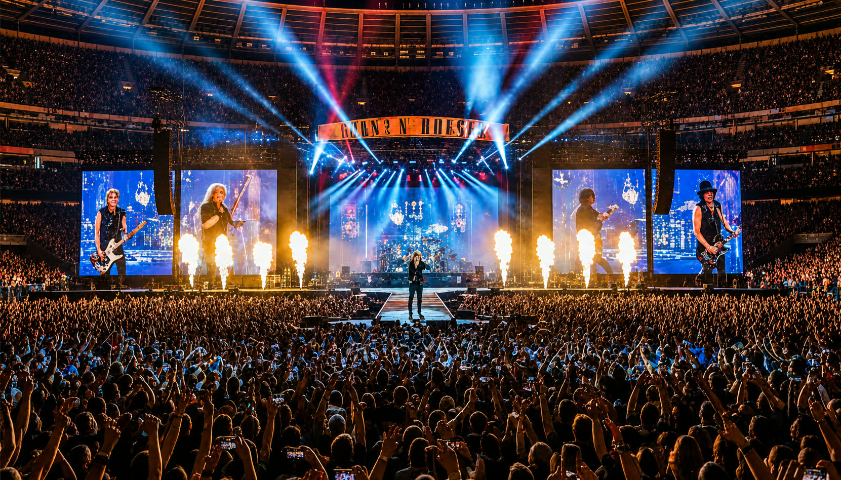 Guns N' Roses performing on stage to a packed stadium crowd