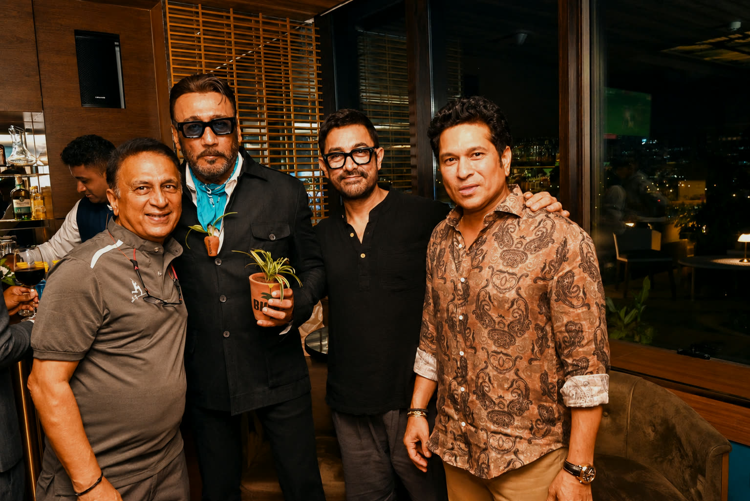 Sunil Gavaskar, Jackie Shroff, Aamir Khan, and Sachin Tendulkar together at a private Club evening